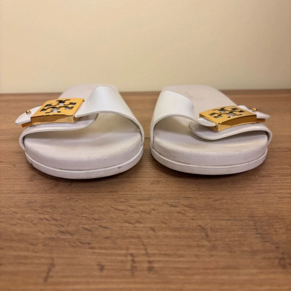 TORY BURCH Mellow Slide Sandals White Gold Metal Buckle Women Size 8 Flat Casual